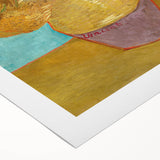 Art deco poster of a stylized cityscape in muted gold and navy tones, printed on rolled canvas.