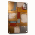 Abstract wall art featuring colorful strokes on acrylic glass, showcasing a side view with mounting pins, perfect for modern decor and artistic expression.