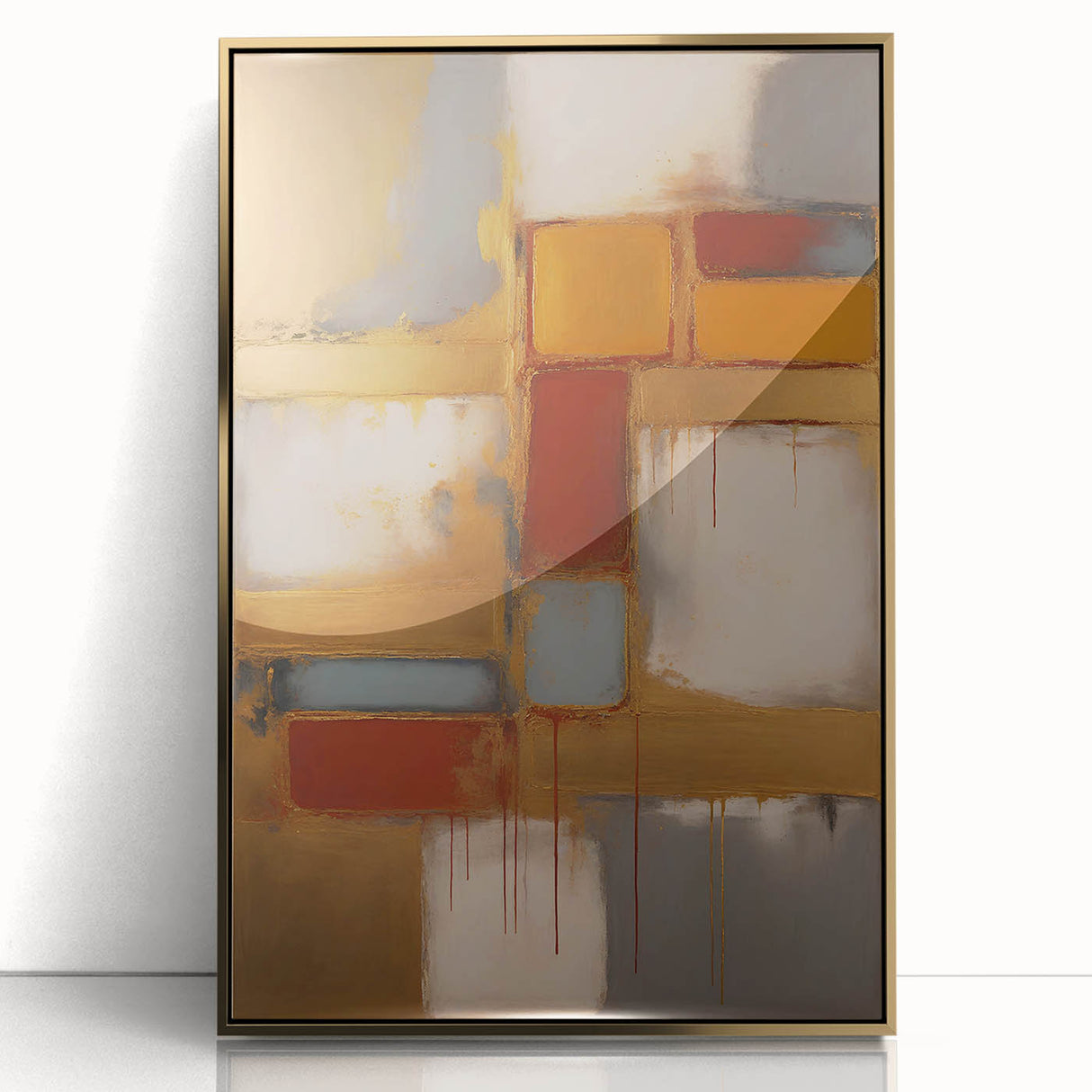 Framed abstract strokes wall art featuring bold gold accents on a white background, perfect for modern decor. Ideal for adding elegance to any living space.