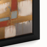 Close-up view of framed abstract strokes wall art on canvas, showcasing vibrant colors and dynamic brushwork, perfect for modern home decor enhancement.