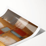 Abstract wall art print showcasing flowing strokes in vibrant blue, orange, and yellow hues, designed to add a modern touch to interior decor, rolled and ready for framing.