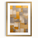 Abstract wall art featuring colorful strokes in gold and neutral tones, framed with a mat for an elegant presentation, ideal for modern home decor.
