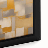 Close-up of a framed canvas art piece showcasing vibrant abstract strokes in blue, orange, and yellow, ideal for modern home decor or office settings.