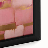 Close-up of framed abstract wall art featuring vibrant strokes in shades of blue, pink, and gold, adding a modern touch to home decor. Perfect for enhancing living spaces.