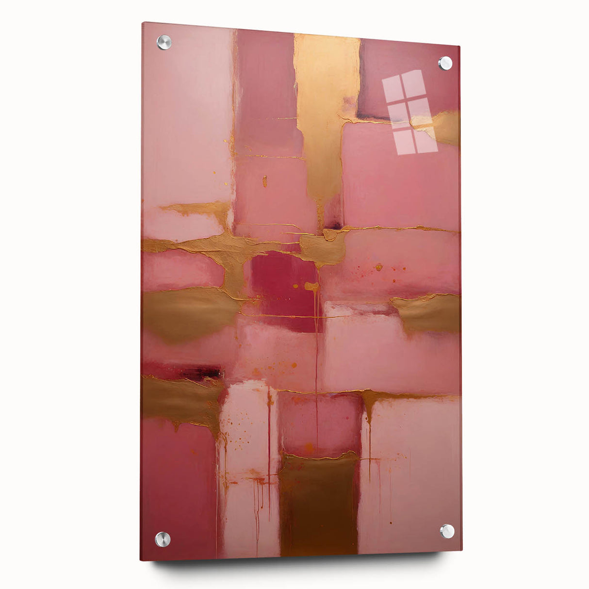 Abstract strokes wall art displayed in acrylic glass, showcasing vibrant colors and dynamic patterns, mounted with stylish pins against a neutral background.