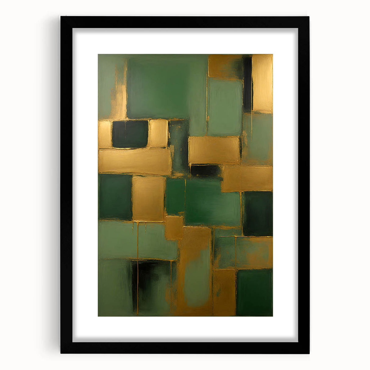 Black-framed wall art featuring abstract strokes in varying shades of blue and gold, elegantly matted, perfect for modern home decor and interior styling.