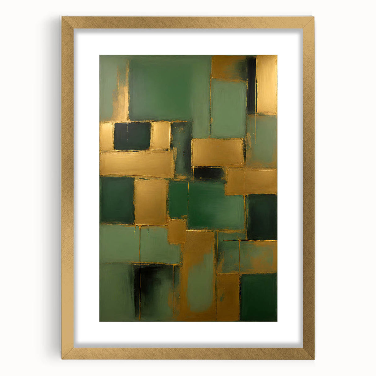 Abstract wall art print featuring vibrant, flowing strokes in shades of blue, gold, and white, framed elegantly with a matte finish, ideal for modern decor.