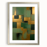 Abstract wall art featuring vibrant strokes in shades of blue, gold, and gray, framed in a sleek silver frame with a white mat, perfect for modern home decor.