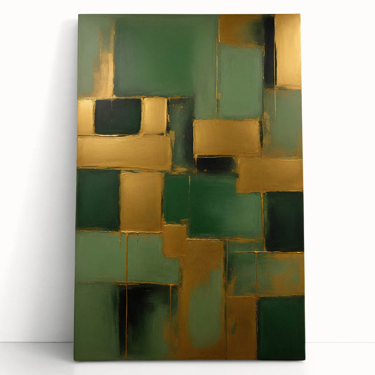 Abstract strokes wall art on stretched canvas, showcasing vibrant colors like teal, orange, and gold, leaning against a neutral wall, perfect for modern decor.