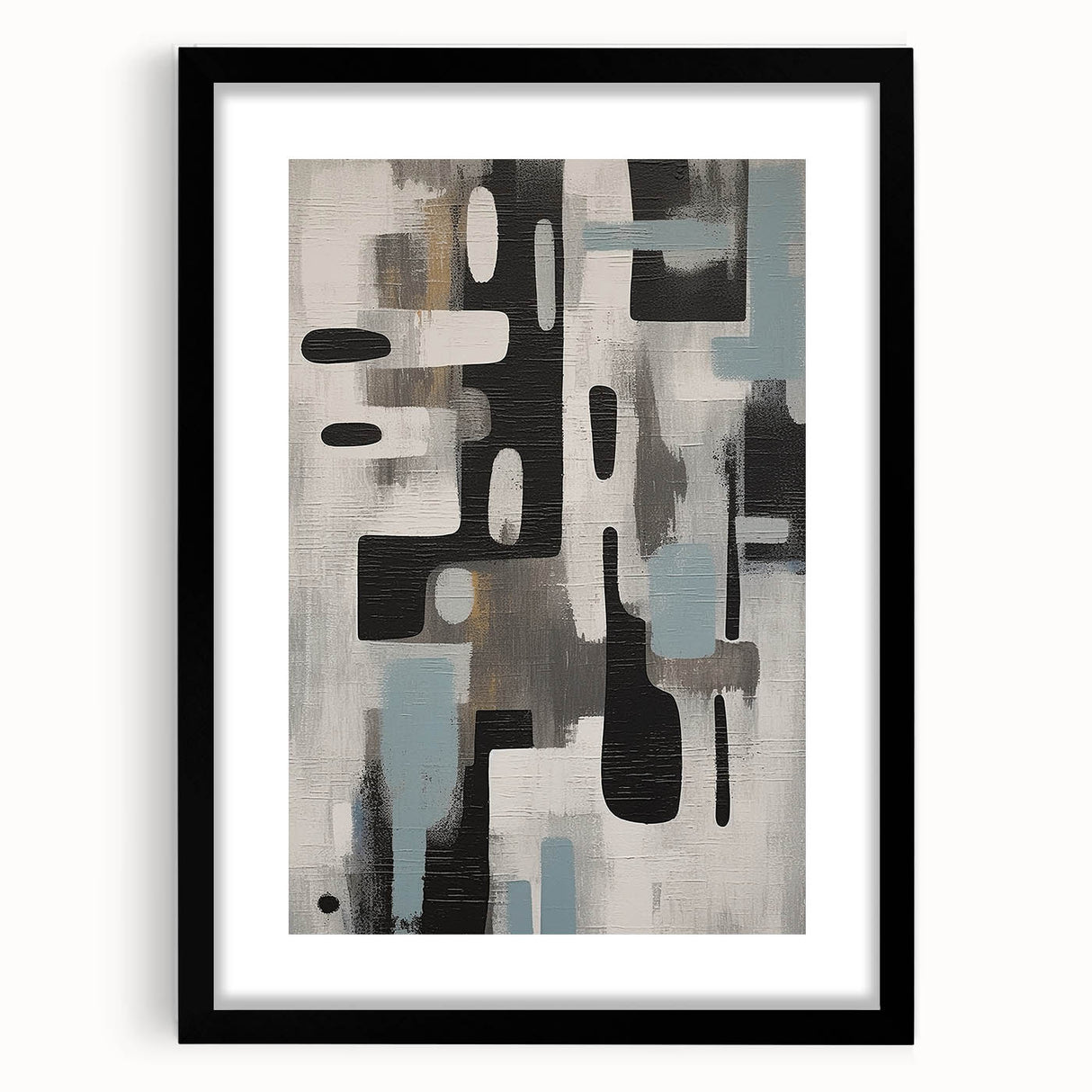 Abstract wall art featuring colorful strokes, framed in black with a mat, showcasing a modern design perfect for contemporary home decor. Ideal for adding a vibrant touch to living spaces or offices.