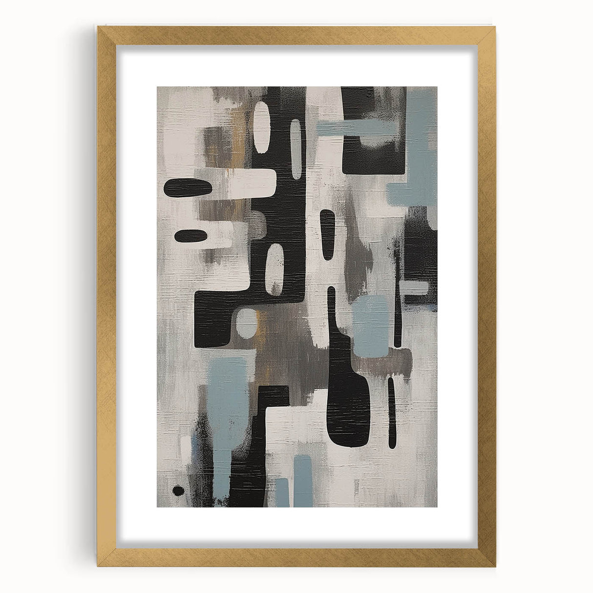 Abstract wall art featuring vibrant strokes in gold and neutral tones, framed with a white mat, adding elegance to modern decor. Perfect for living rooms or offices.