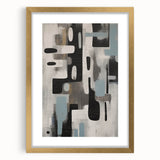Abstract wall art featuring vibrant strokes in gold and neutral tones, framed with a white mat, adding elegance to modern decor. Perfect for living rooms or offices.