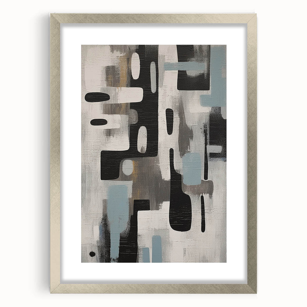 Abstract strokes wall art in a silver frame, featuring a modern design with vibrant colors and a mat, perfect for contemporary home decor.