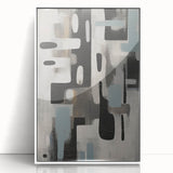 Framed abstract wall art featuring colorful strokes in bold hues of blue, pink, and gold, set against a sleek white backdrop, perfect for modern decor.
