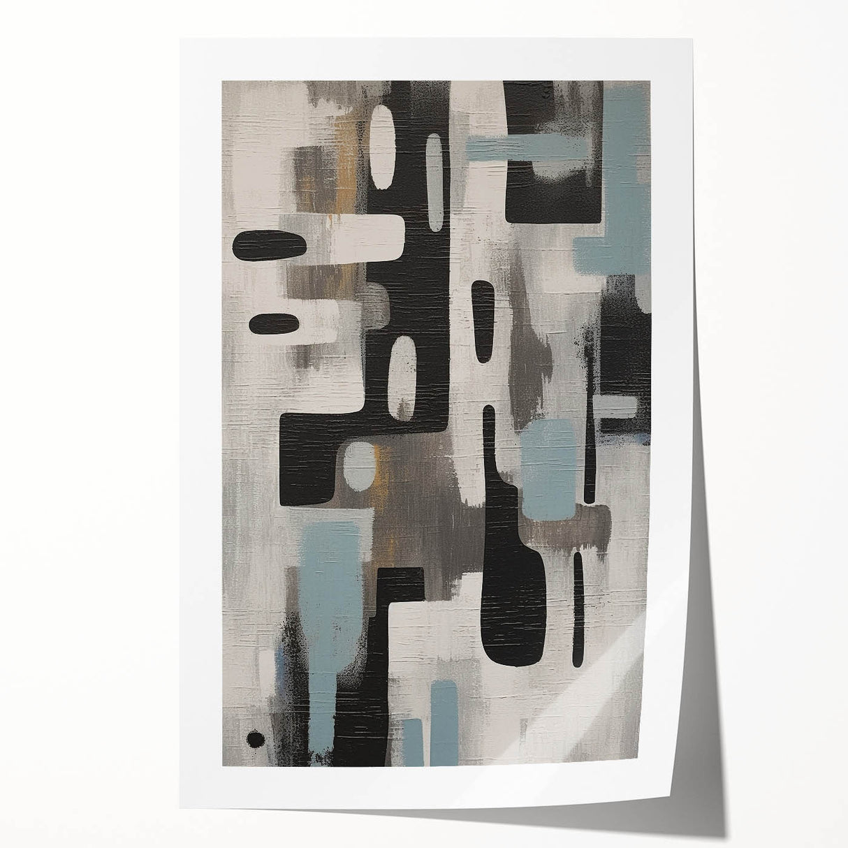 Abstract wall art print featuring vibrant strokes in shades of blue, orange, and yellow, elegantly rolled for easy display, perfect for modern home decor.