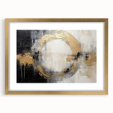 Abstract strokes wall art framed with a gold mat, showcasing vibrant colors and dynamic patterns, perfect for modern home decor or gallery settings.