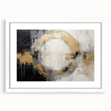Abstract strokes wall art framed in white, featuring dynamic brush patterns in shades of blue and gold, adding a modern touch to any decor.