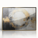 Framed abstract wall art featuring gold acrylic strokes on a textured background, ideal for modern home decor, enhancing living spaces with elegance.