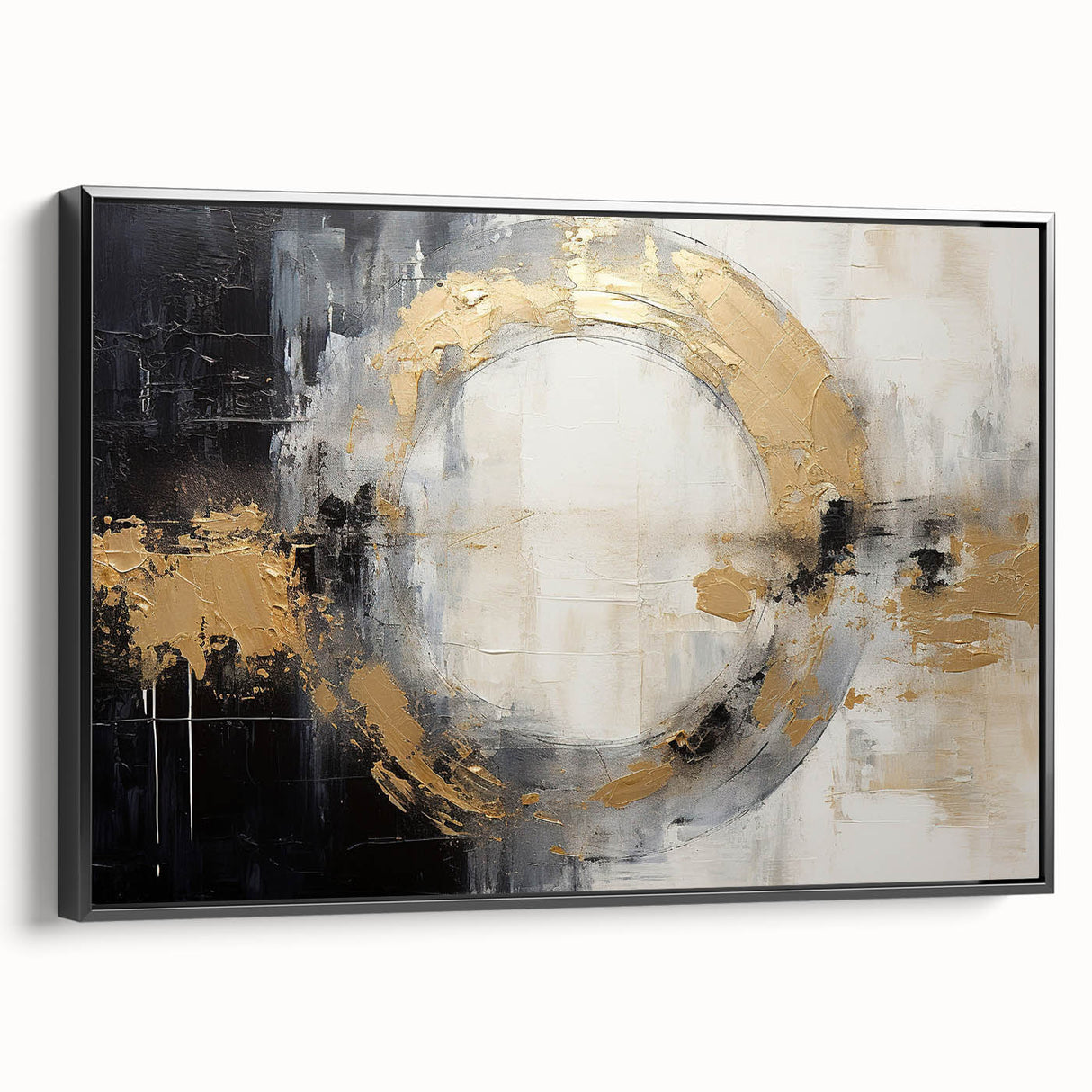 Framed abstract strokes wall art in black, showcasing dynamic brushwork and a sleek side view, perfect for modern home decor. Ideal for art enthusiasts seeking contemporary elegance.