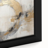 Close-up of a framed canvas wall art piece showcasing abstract strokes in vibrant hues of blue, orange, and gold, perfect for modern home decor accents.