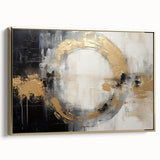 Framed canvas wall art featuring abstract strokes in gold and neutral tones, showcasing a modern aesthetic. Ideal for contemporary decor in living spaces or offices.