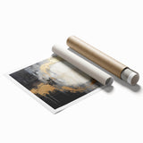 Abstract wall art print featuring vibrant strokes of blue, gold, and white, rolled for easy transport, showcasing modern artistic expression perfect for home decor.