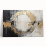 Colorful abstract strokes wall art on a stretched canvas, displaying vibrant hues of blue, yellow, and pink. Perfect for modern home decor, this piece leans against a neutral wall, adding a contemporary touch to any room.