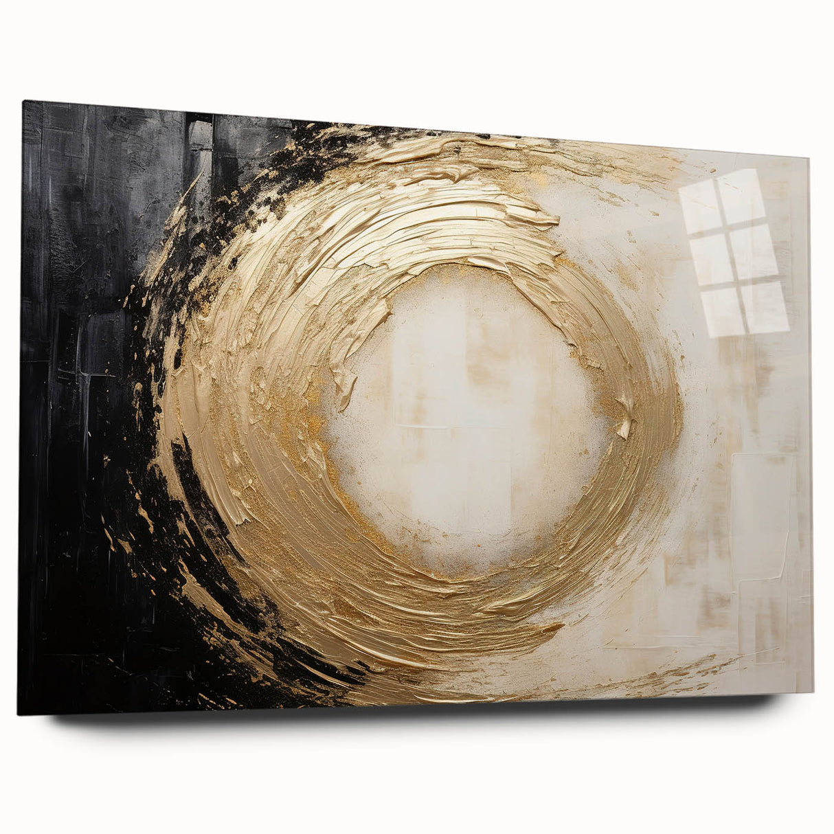Abstract wall art featuring vibrant strokes in shades of blue, pink, and gold, displayed in an acrylic glass frame, perfect for modern home decor.