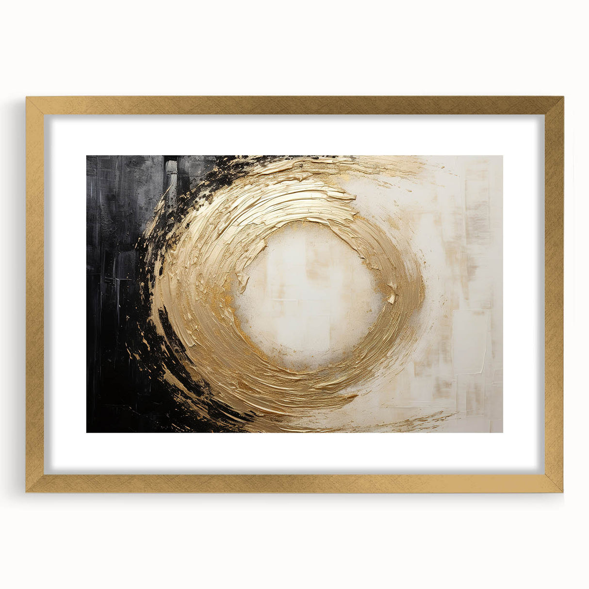 Abstract strokes wall art framed in gold with a white mat, showcasing vibrant colors and dynamic patterns, perfect for modern home decor accents.