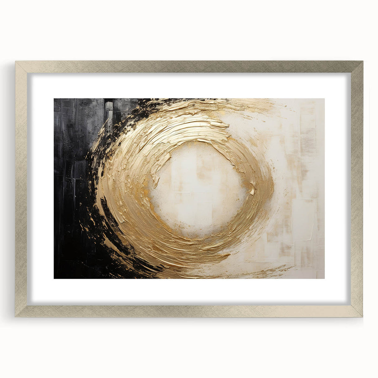 Abstract strokes wall art framed in silver with a mat, showcasing a modern design ideal for contemporary decor. Perfect accent for living spaces or offices.