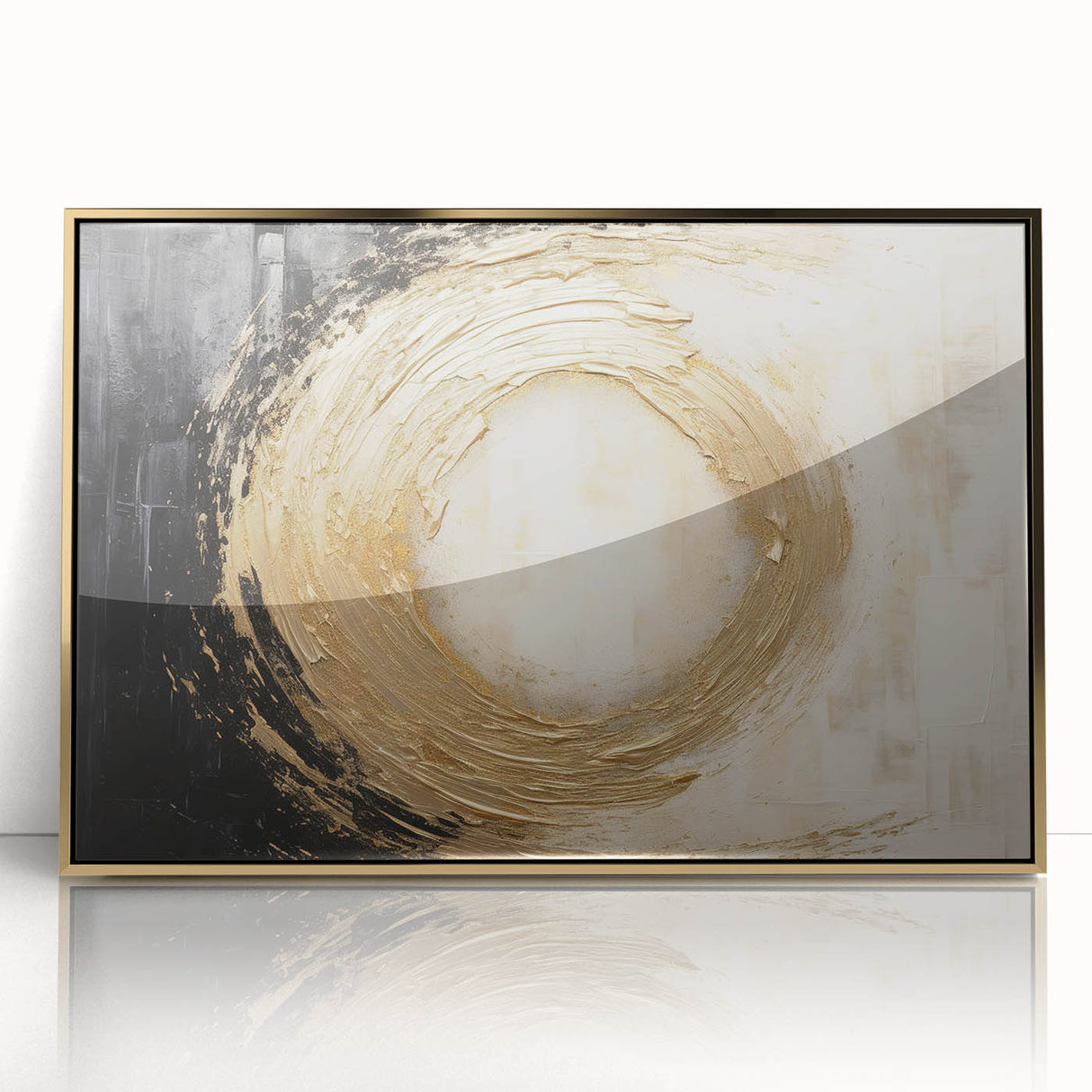 Framed abstract wall art featuring gold strokes on a white background, ideal for modern decor. Adds elegance to any living space or office environment.