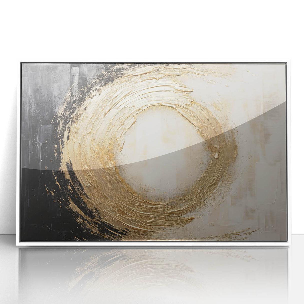 Framed abstract wall art featuring dynamic strokes in shades of blue, pink, and gold, set against a sleek white background, ideal for modern home decor.