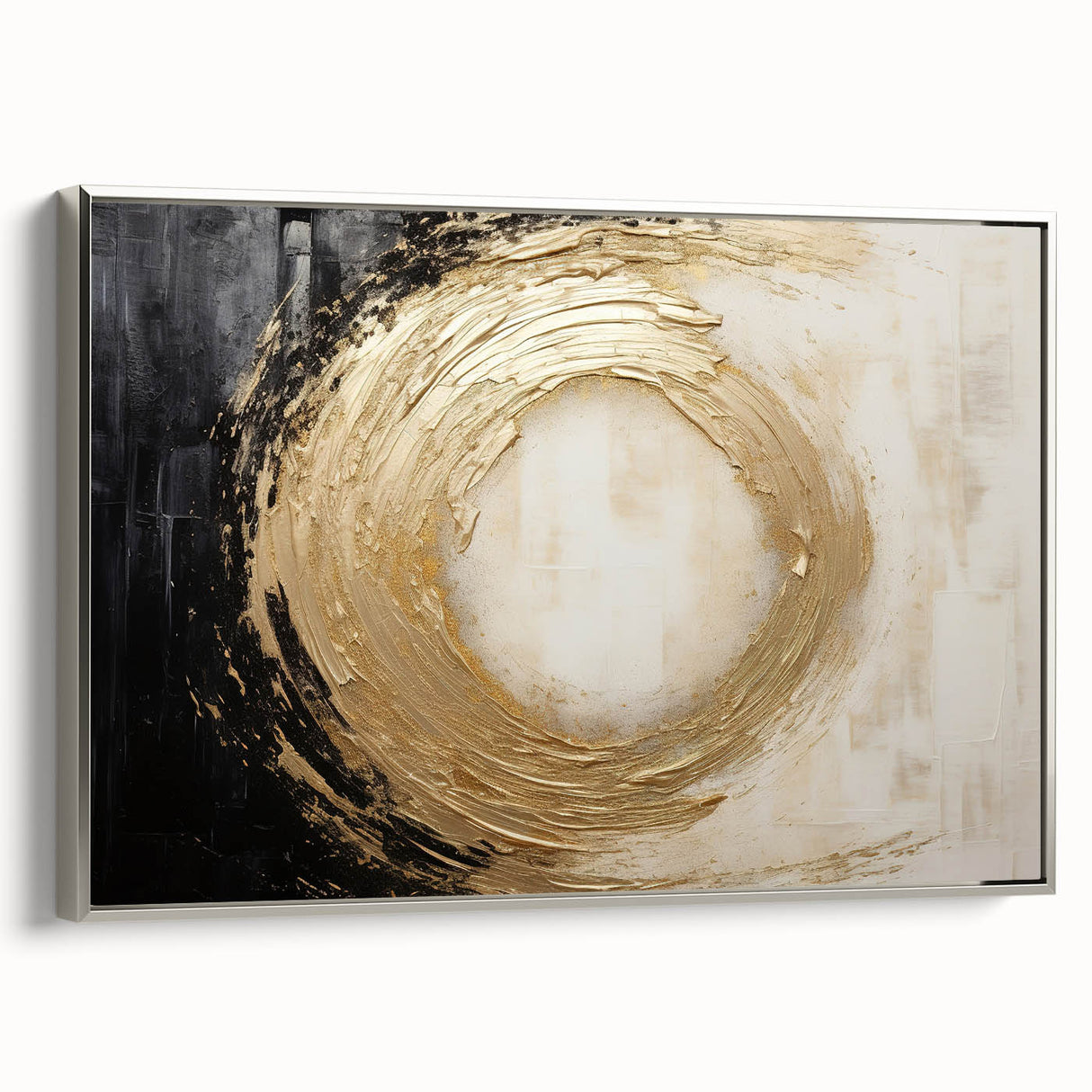 Framed canvas wall art featuring abstract silver strokes on a textured background, showcasing modern design elements for contemporary home decor.