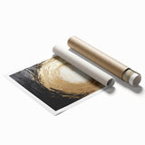 Abstract wall art print featuring vibrant strokes in shades of blue, pink, and gold, rolled for easy transport, ideal for modern home decor.