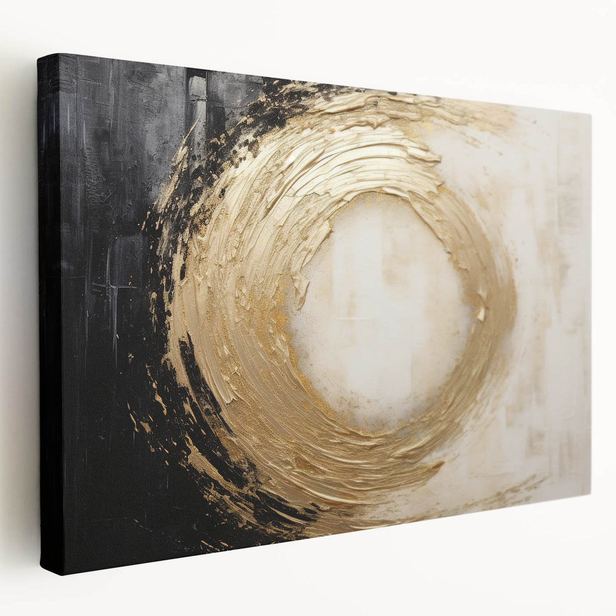 Stretched canvas wall art showcasing an abstract design with colorful strokes, perfect for modern home decor. Side view highlights the canvas thickness and texture.