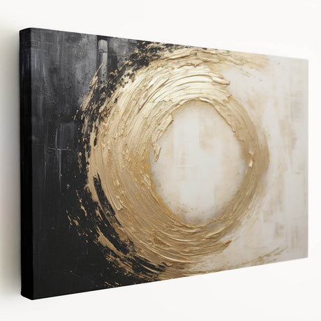 Stretched canvas wall art showcasing an abstract design with colorful strokes, perfect for modern home decor. Side view highlights the canvas thickness and texture.