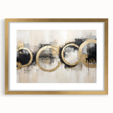 Abstract wall art featuring dynamic strokes in gold and black, framed with a mat for an elegant presentation, perfect for modern home decor.