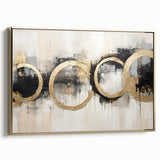 Framed abstract strokes wall art in gold tones, showcasing dynamic brushwork and textures, perfect for modern home decor. Side view highlights the elegant frame.