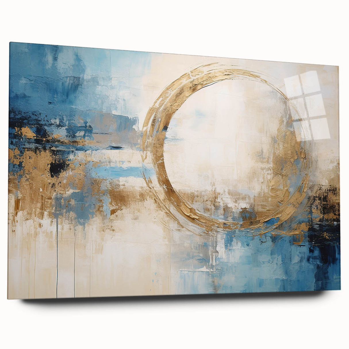 Abstract wall art featuring vibrant strokes of blue, gold, and pink on acrylic glass, showcasing a modern design perfect for contemporary decor in living spaces.