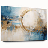 Abstract wall art featuring vibrant strokes of blue, gold, and pink on acrylic glass, showcasing a modern design perfect for contemporary decor in living spaces.