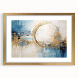 Abstract wall art featuring vibrant strokes in gold and blue, elegantly framed with a white mat, perfect for modern home decor. Ideal for adding color and style to living spaces.