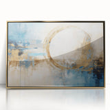 Framed abstract wall art featuring dynamic gold strokes on a light background, adding a modern touch to home decor. Perfect for living room or office aesthetic.
