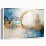 Framed abstract wall art featuring colorful strokes in shades of blue, orange, and yellow, displayed in a white frame, ideal for modern home decor. Perfect for adding a vibrant touch to living spaces or galleries.
