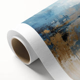 Abstract wall art featuring vibrant strokes of blue, orange, and yellow on rolled canvas, ideal for modern decor. Perfect for enhancing living spaces with artistic flair.