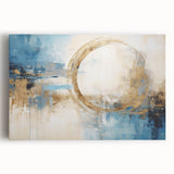 Abstract strokes wall art on stretched canvas showcasing vibrant blue, orange, and yellow colors, ideal for modern home decor and creative interiors.