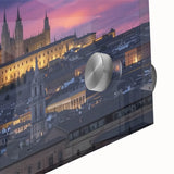 Close-up of a stunning acrylic glass artwork depicting a vibrant landscape with a majestic castle, showcasing rich colors and intricate details, perfect for home decor.