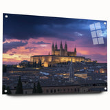 Acrylic glass display showcasing a stunning landscape castle design with vibrant colors, secured with decorative pins, ideal for modern home decor.