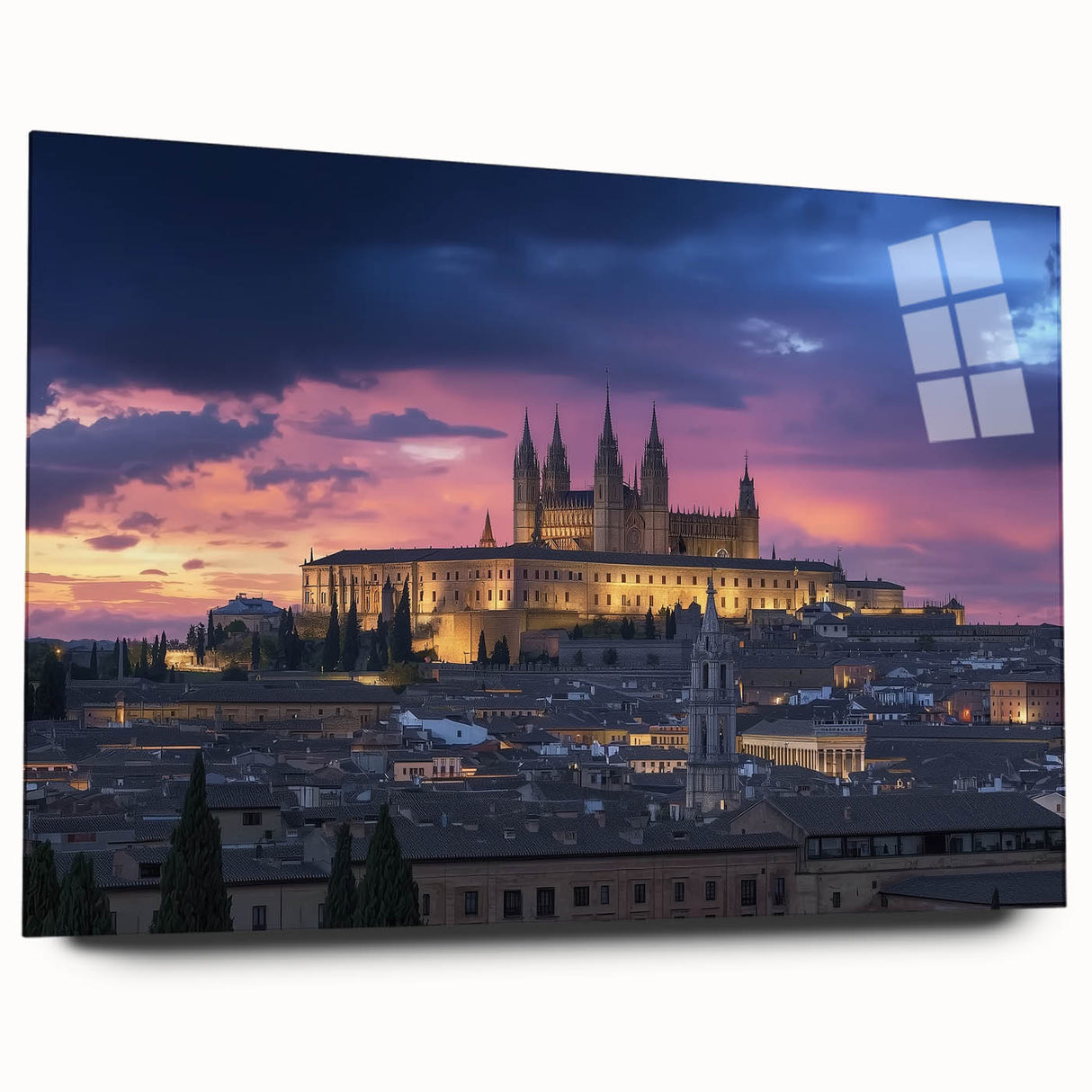 Acrylic glass artwork showcases a stunning landscape featuring a majestic castle surrounded by lush greenery, viewed from the side, highlighting vibrant colors and intricate details in the scene.