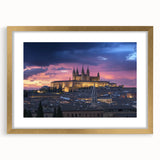 Elegant gold-framed landscape artwork depicting a serene castle scene, highlighted by a soft mat border, perfect for enhancing home decor aesthetics.