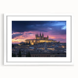 Elegant white-framed landscape artwork depicting a serene castle scene, featuring vibrant colors and intricate details, perfect for enhancing any home decor.